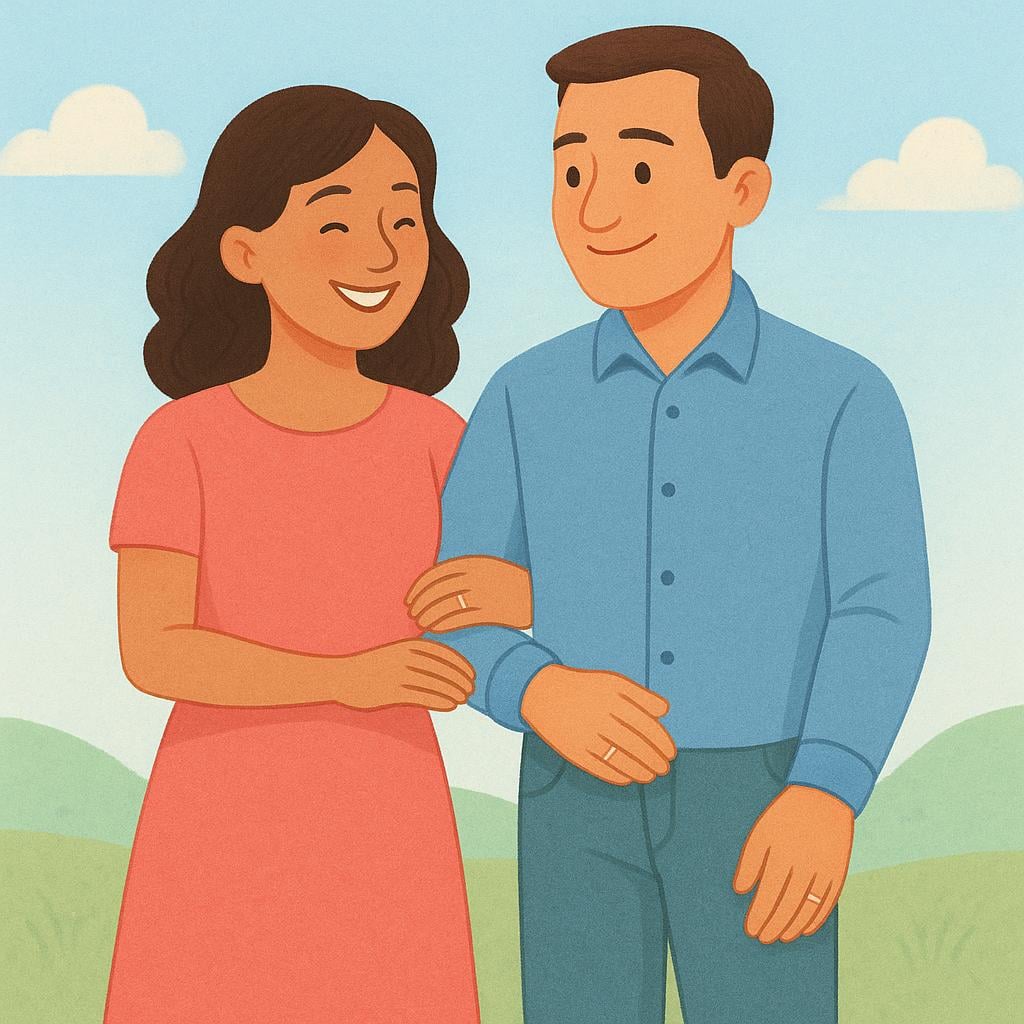 A simple illustration of a smiling woman standing affectionately next to a man, symbolizing a married couple.