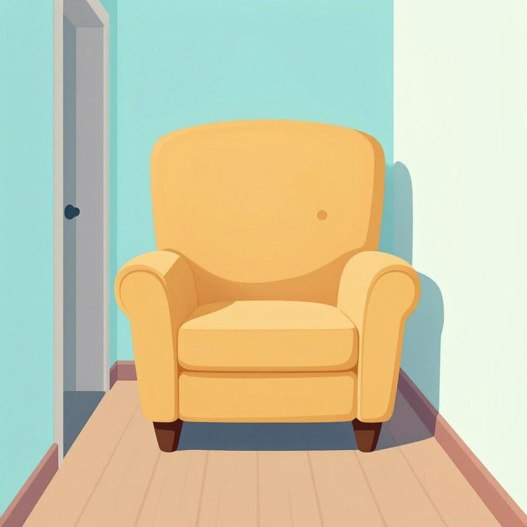 A large, colorful armchair blocking a narrow hallway, making it impossible for a person to pass through.