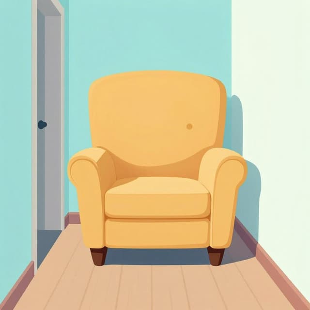 Un fauteuil grand et coloré bloquant un couloir étroit, empêchant une personne de passer.