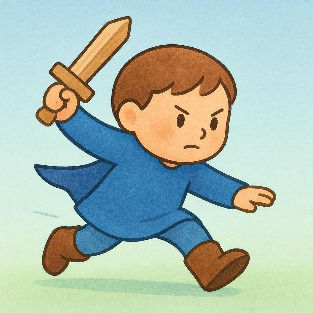 A high quality storybook illustration of a small, simplified character wearing a blue tunic, actively lunging forward with a determined expression, holding a small wooden sword raised, initiating a forward movement.