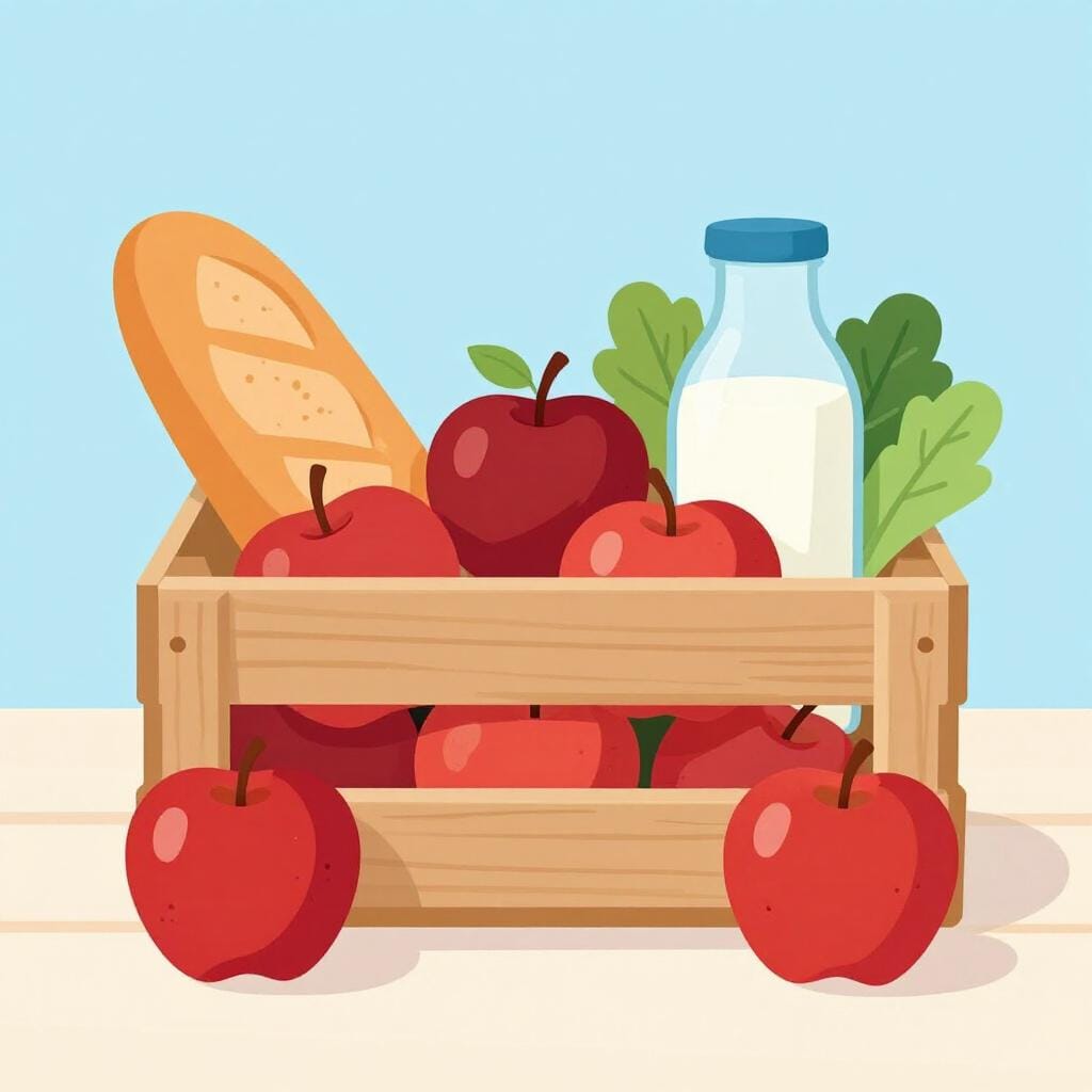 A colorful variety of fresh produce, bread, and dairy products representing the food supply.