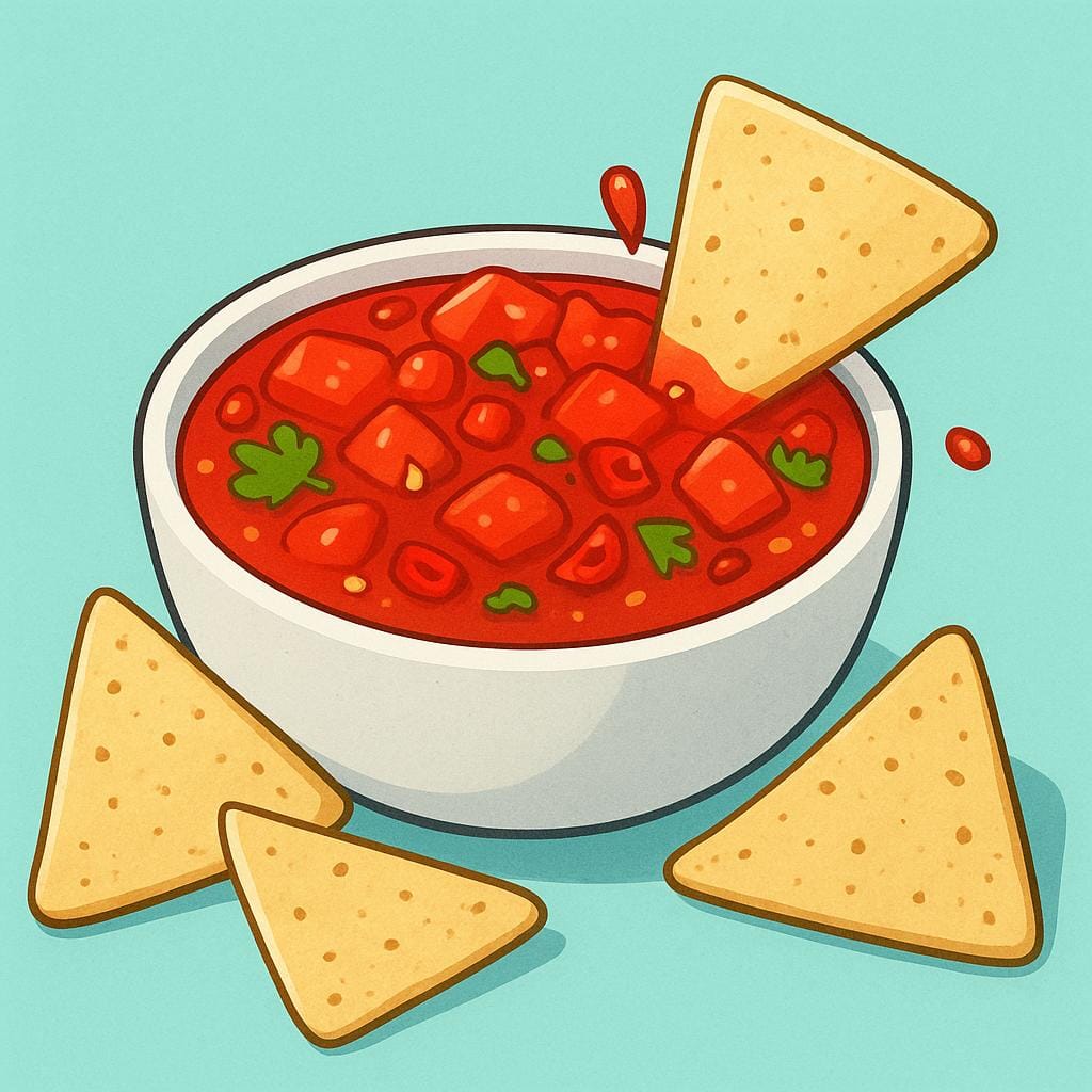 A small ceramic bowl filled with bright red salsa (sauce) condiment, featuring visible chunks of tomatoes and chilies, next to a few yellow tortilla chips.
