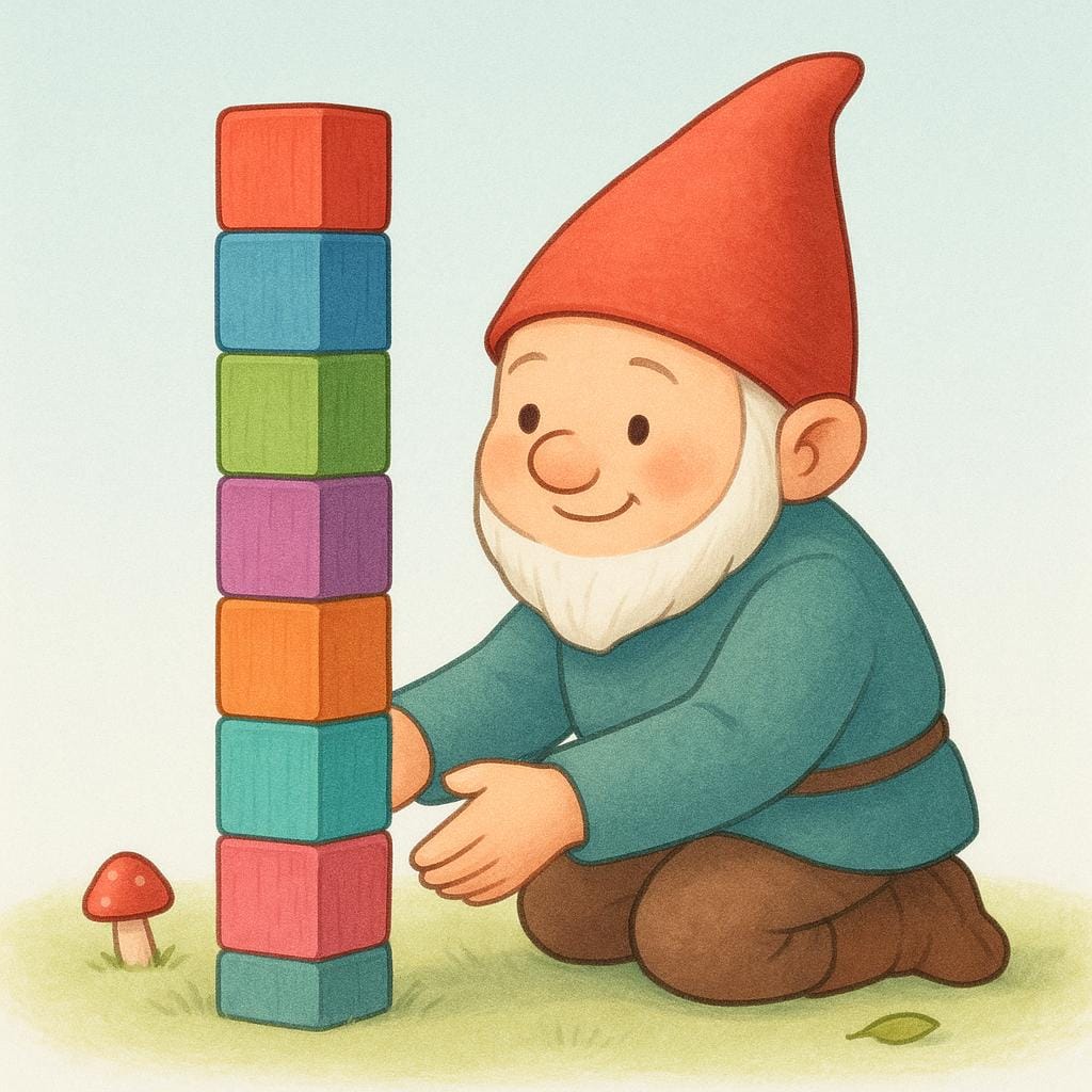 A high quality storybook illustration showing a small, friendly character carefully supporting the base of a perfectly balanced, colorful stack of wooden blocks to keep them stable and upright.