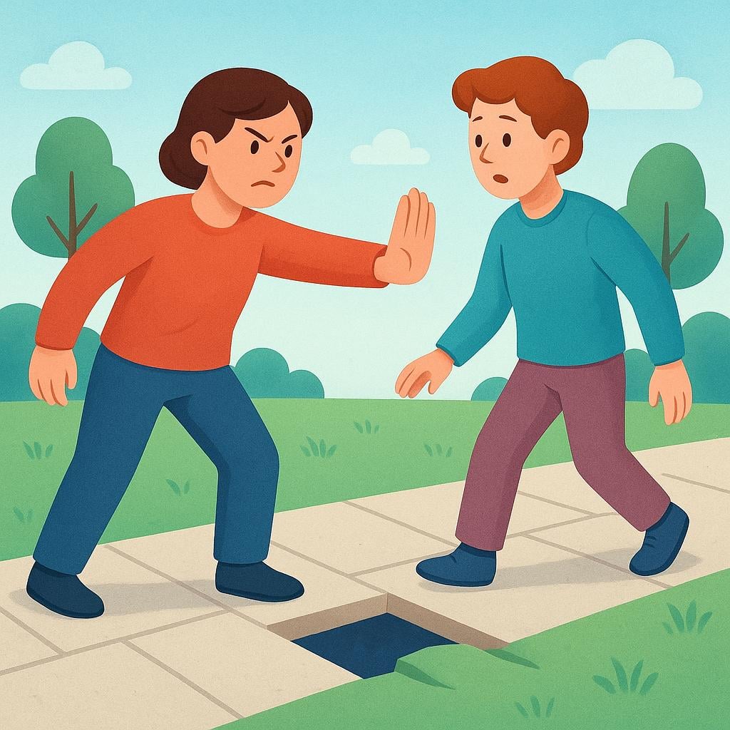 A simplified figure holding their hand up firmly to stop another figure from walking toward a brightly colored, stylized danger sign on the ground.