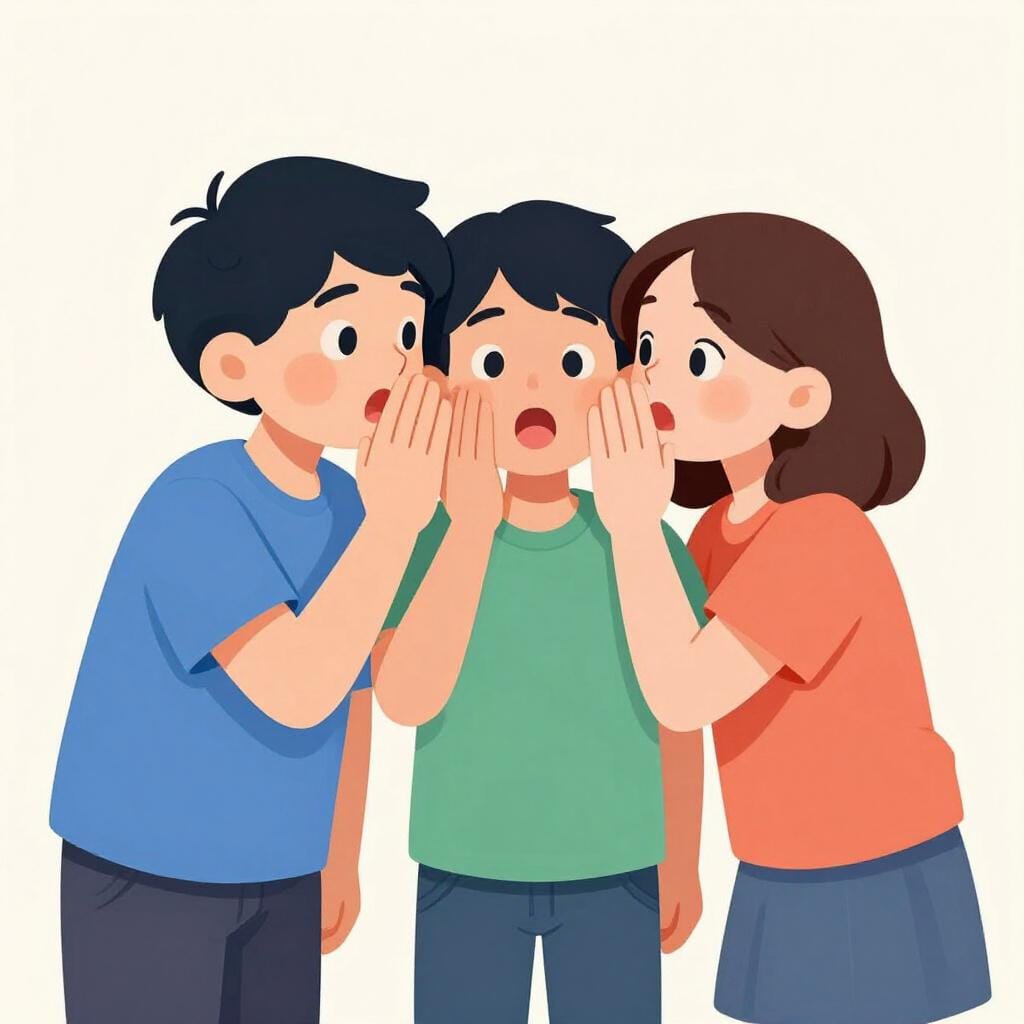 A group of people in a circle whispering to each other with shocked expressions on their faces.