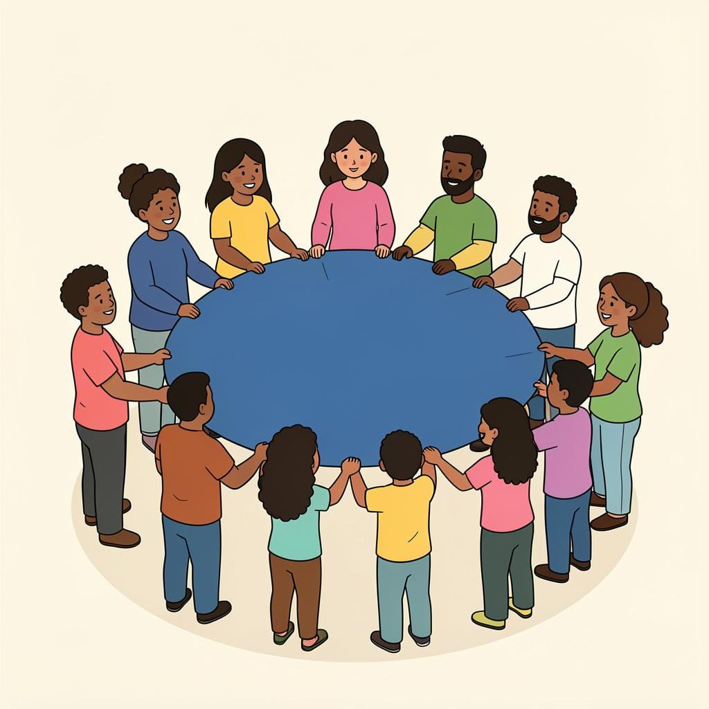 Um grupo de pessoas diversas vestindo camisas de cores diferentes em pé em círculo e segurando juntas uma grande faixa unificada.