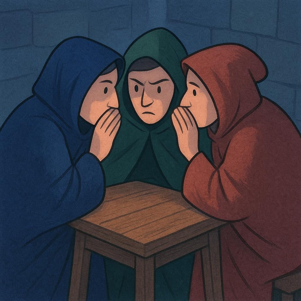 Three figures wearing dark cloaks gathered closely around a small wooden table in a dimly lit room, leaning in to whisper secrets intensely.