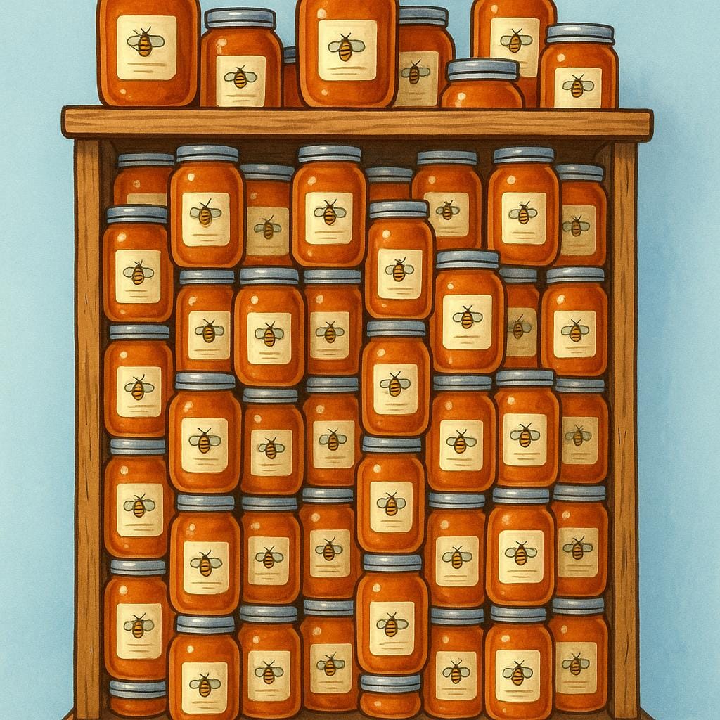 A tall, rustic wooden shelf is completely filled and overflowing with many identical jars of honey stacked high, representing an abundant supply of goods.