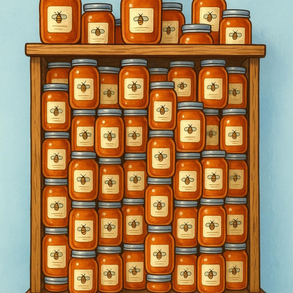 A tall, rustic wooden shelf is completely filled and overflowing with many identical jars of honey stacked high, representing an abundant supply of goods.