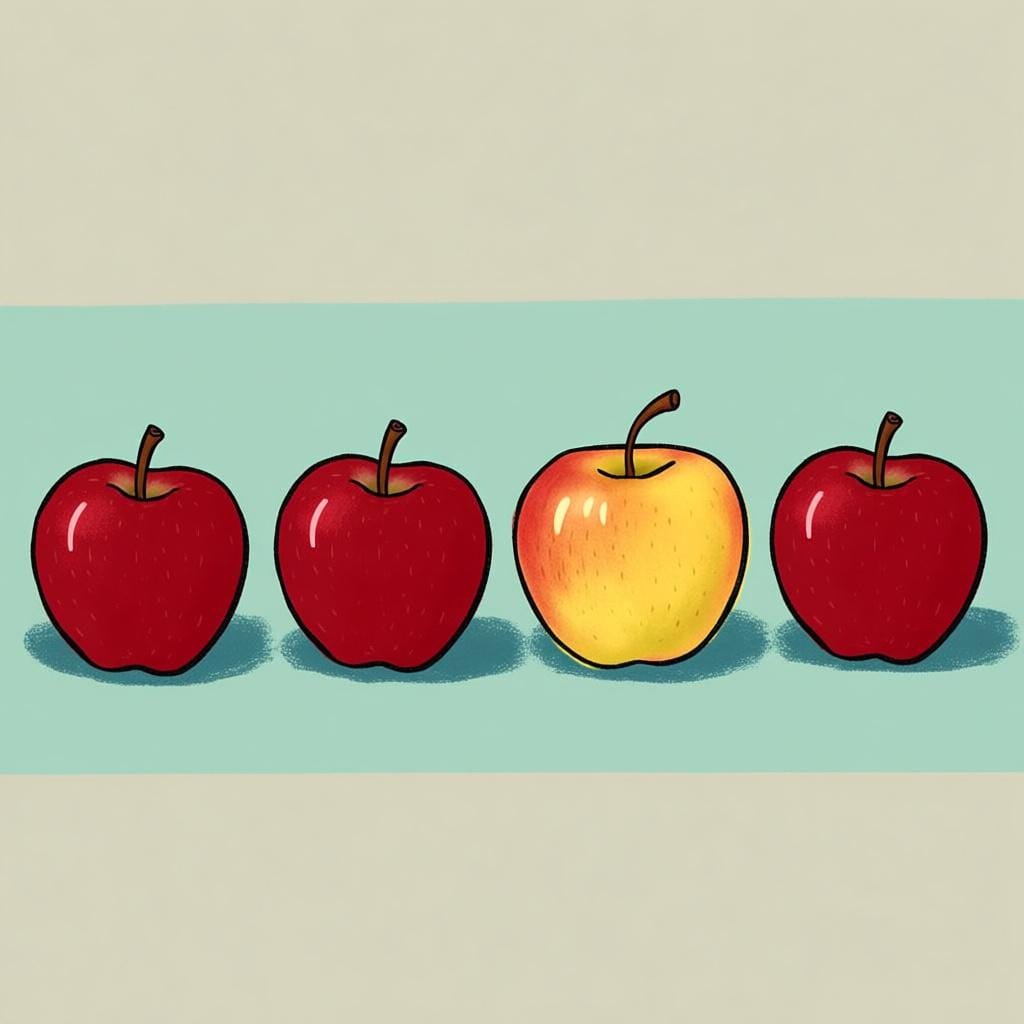 A row of four identical red apples with one single golden, glowing apple placed in the center, highlighting its unique and special nature.