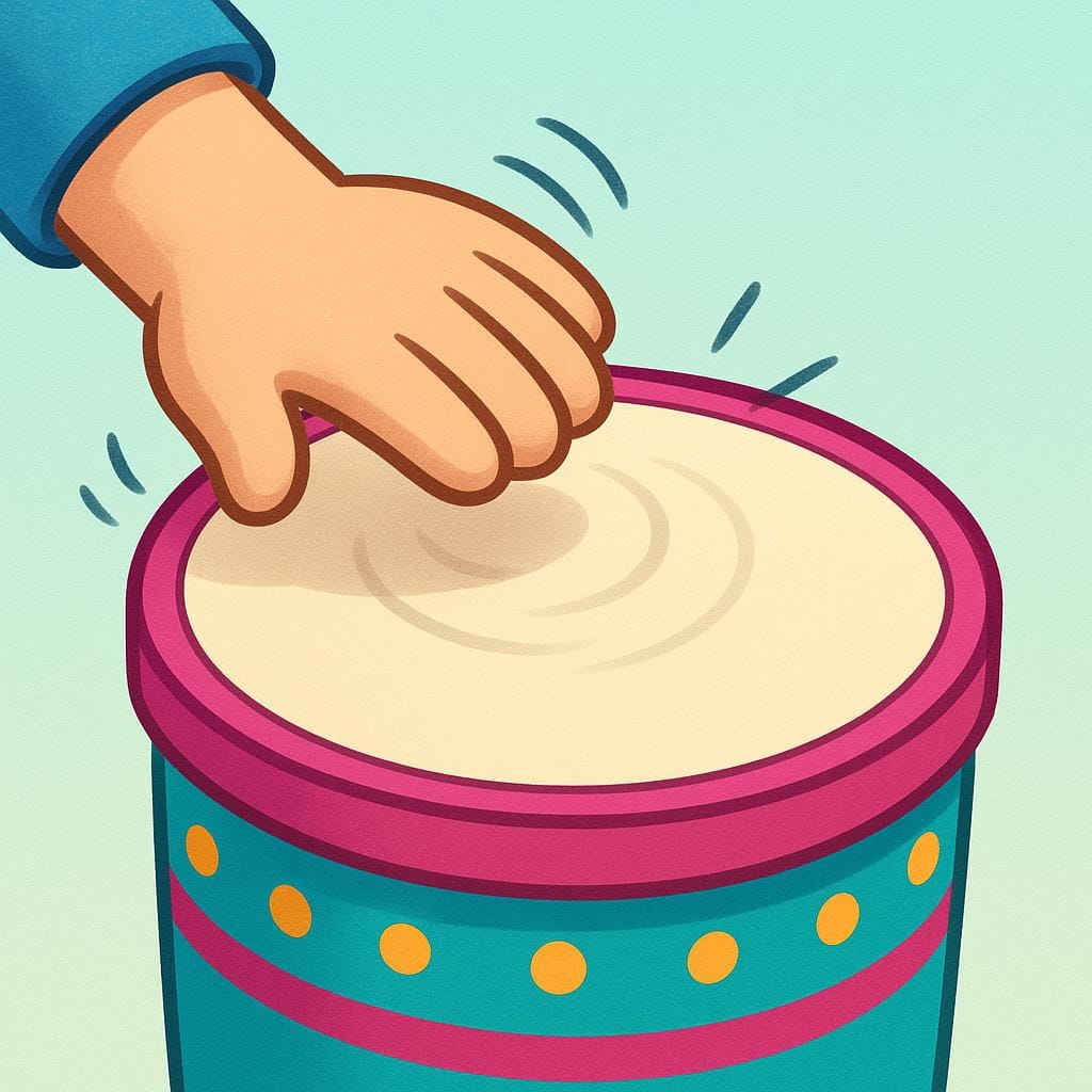 A cartoon character's hand is shown mid-action, striking a large, colorful drum with force.