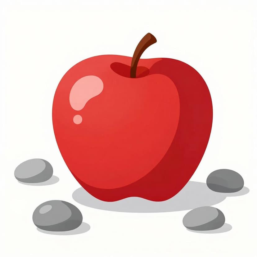 Een enkele felrode appel die hoog in het midden staat, omringd door kleinere, doffe grijze kiezelstenen.