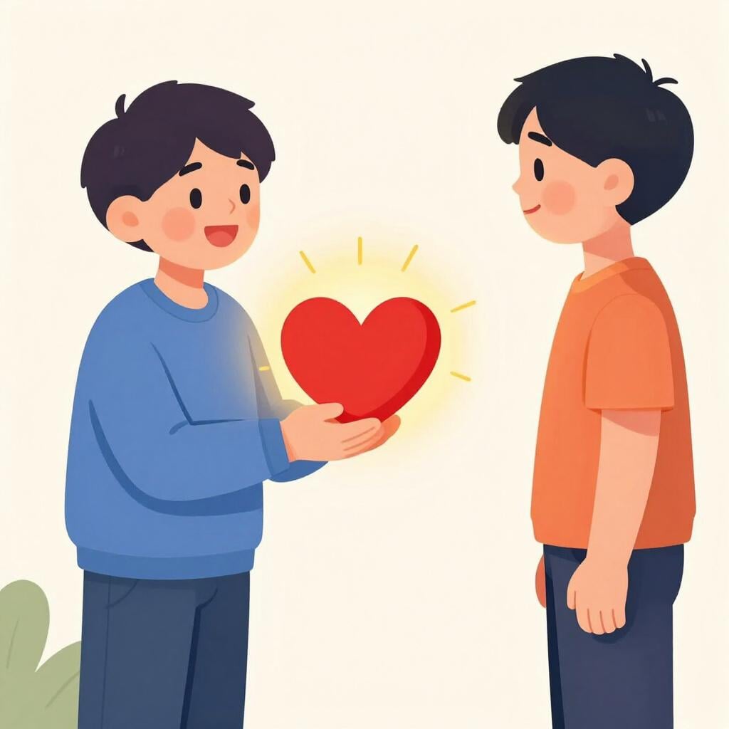 Een persoon die warm glimlacht en een gloeiend hart vasthoudt dat licht werpt op een vriend.