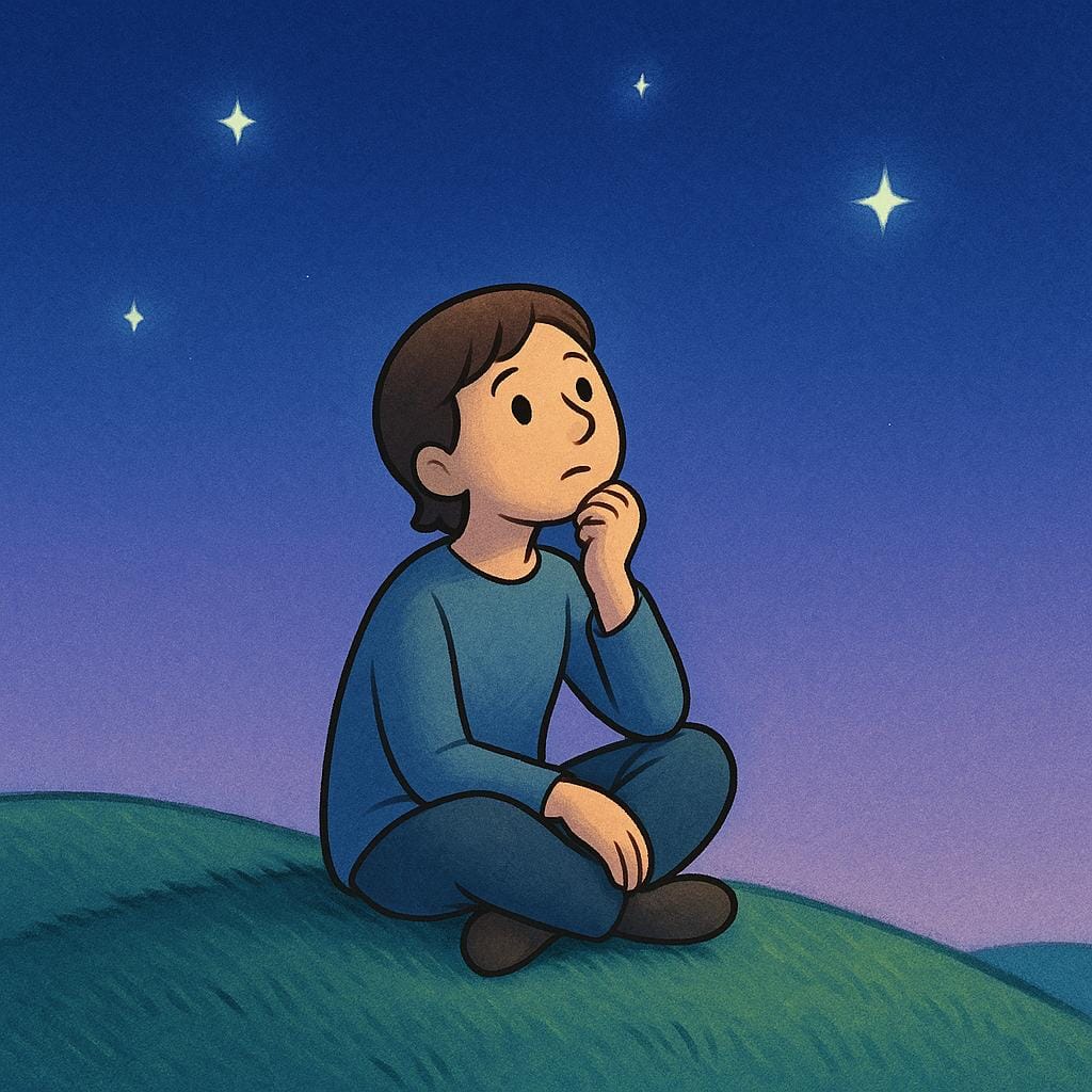 A solitary figure sitting on a grassy hill at twilight, gazing up at the stars with a thoughtful expression, symbolizing self-reflection.