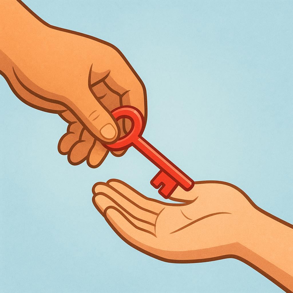 Two hands meeting to exchange a small, brightly colored object, symbolizing the act of handing something over.