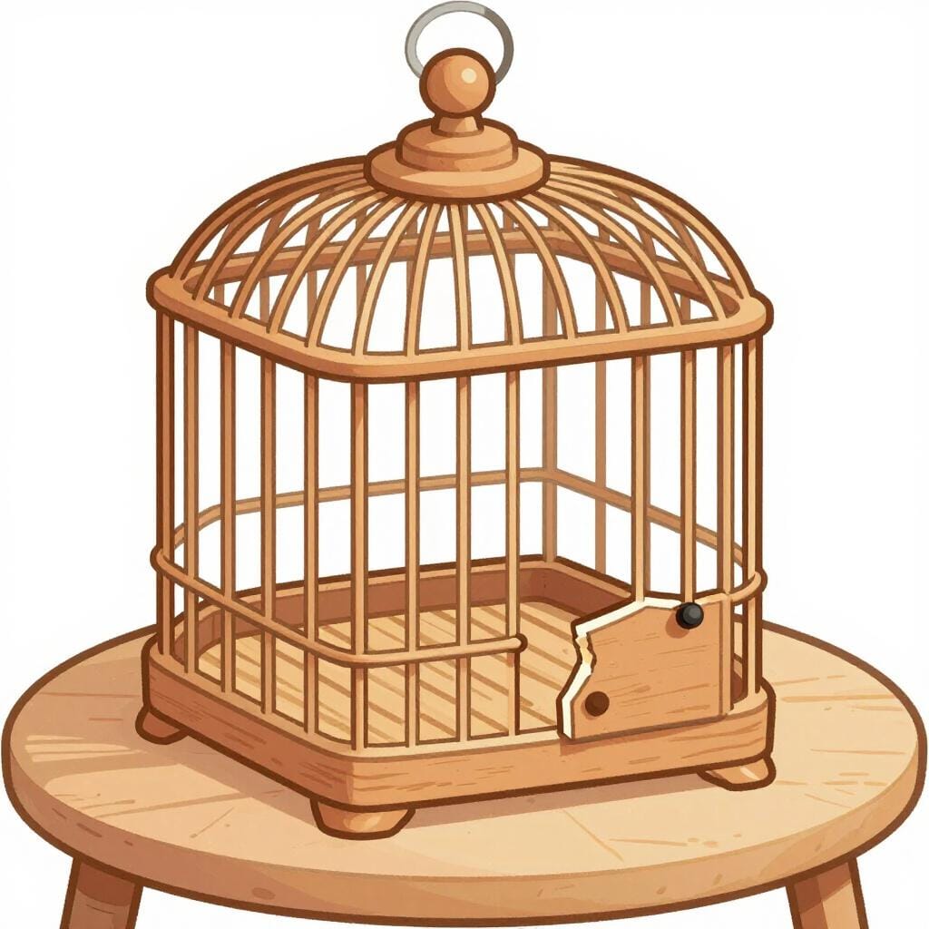 A birdcage with an open and bent door, symbolizing a breach of privacy or rights.