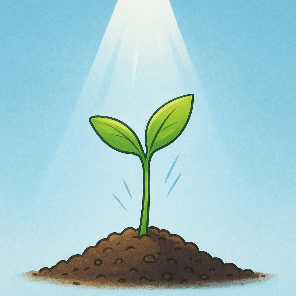 A tiny green seedling rapidly shooting upwards out of the ground, illuminated by a single, stylized sunbeam, symbolizing a stimulus or boost.
