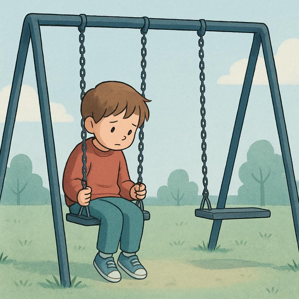 홀로 그네에 앉아 슬픈 표정으로 옆의 빈 그네를 바라보는 아이. 부재와 그리움을 나타냅니다.