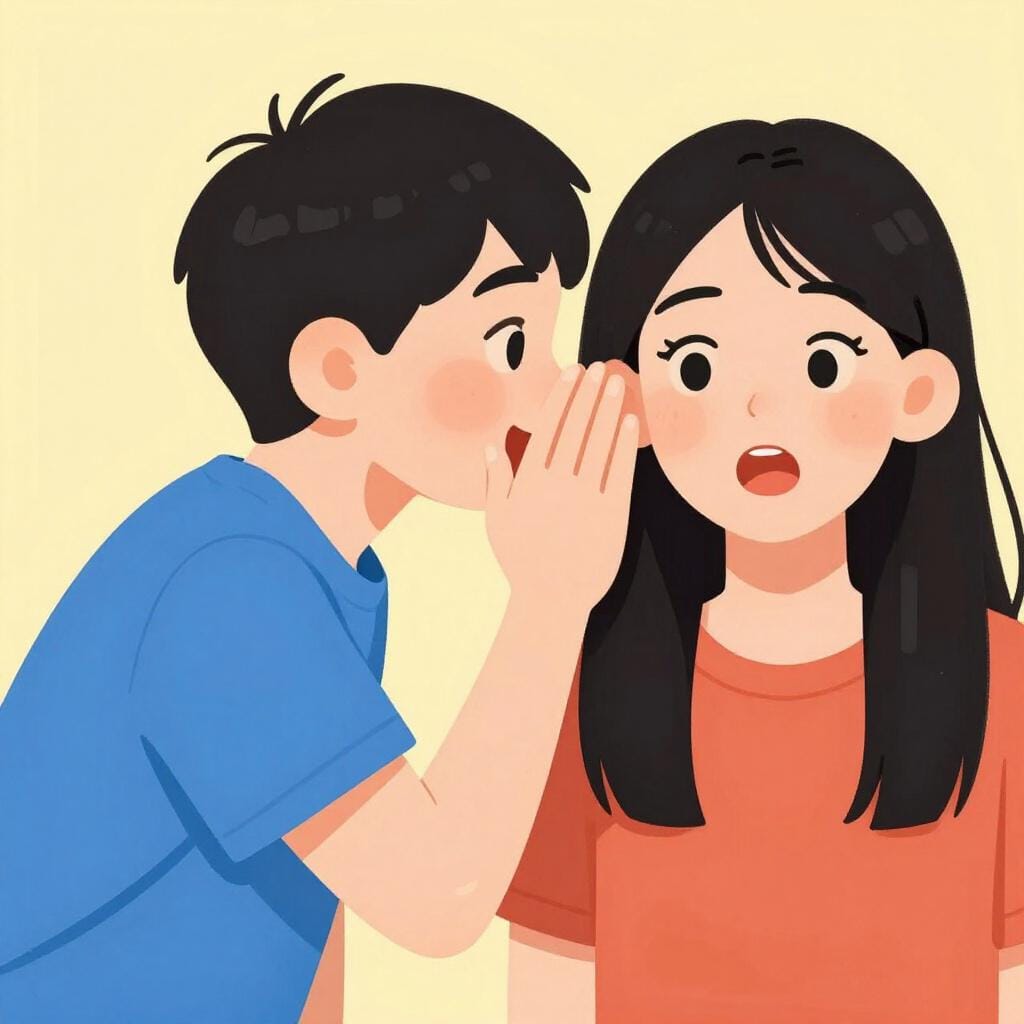 人に耳打ちで秘密を話す人の写真。