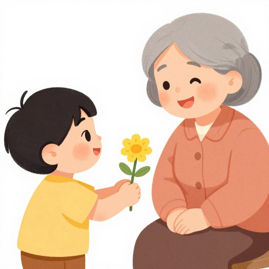 A child smiling and handing a colorful flower to an elderly woman who looks happy.