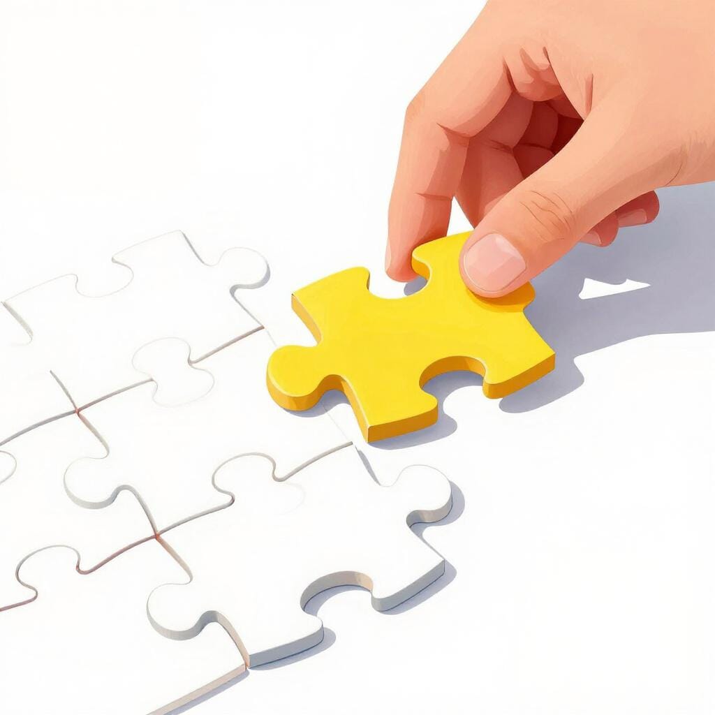 A colorful storybook illustration showing a single, bright puzzle piece being placed into a nearly finished puzzle to complete a picture of a sun.