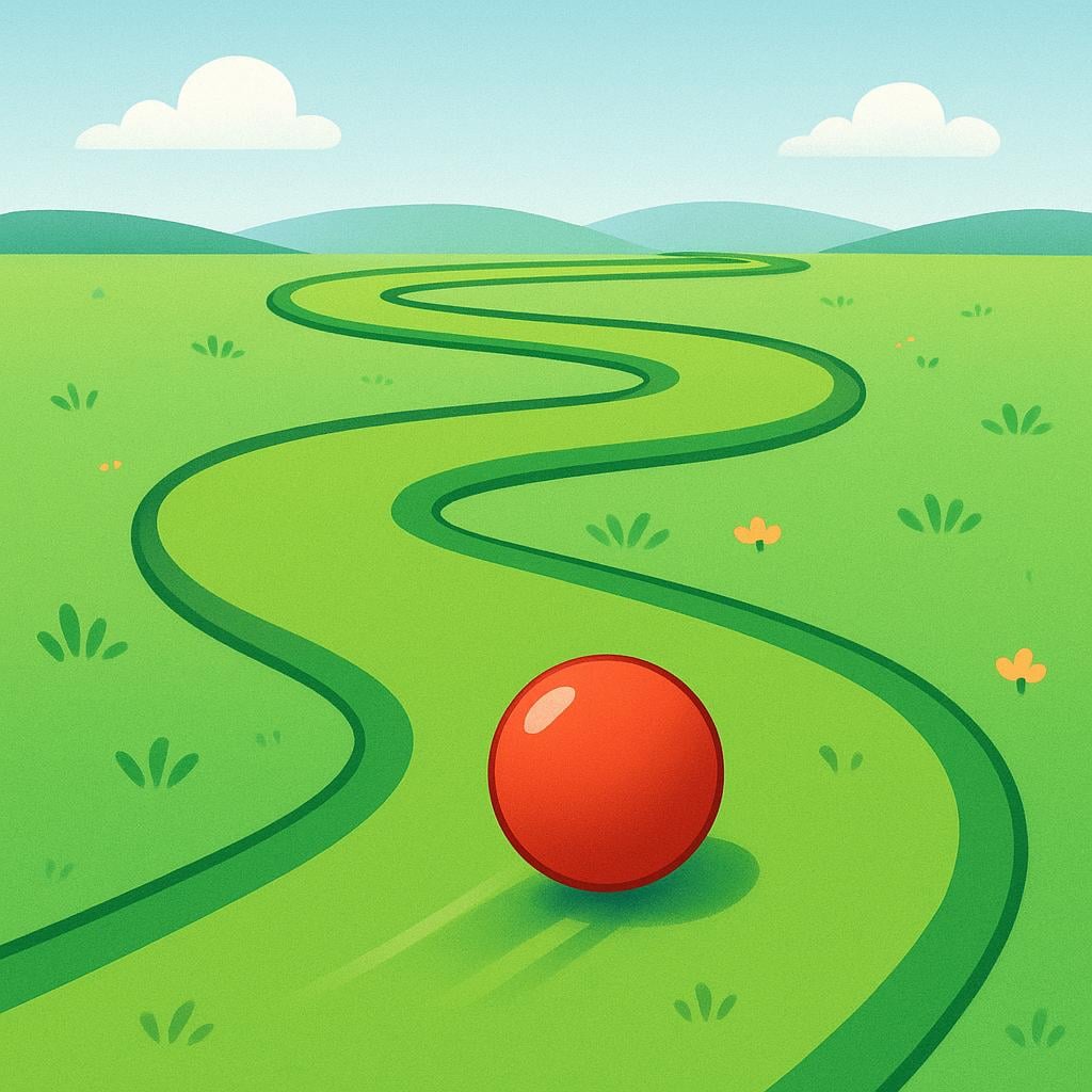 A high quality simple colorful storybook illustration showing a small red ball rolling continuously along a winding green path that stretches into the distance, symbolizing ongoing action.