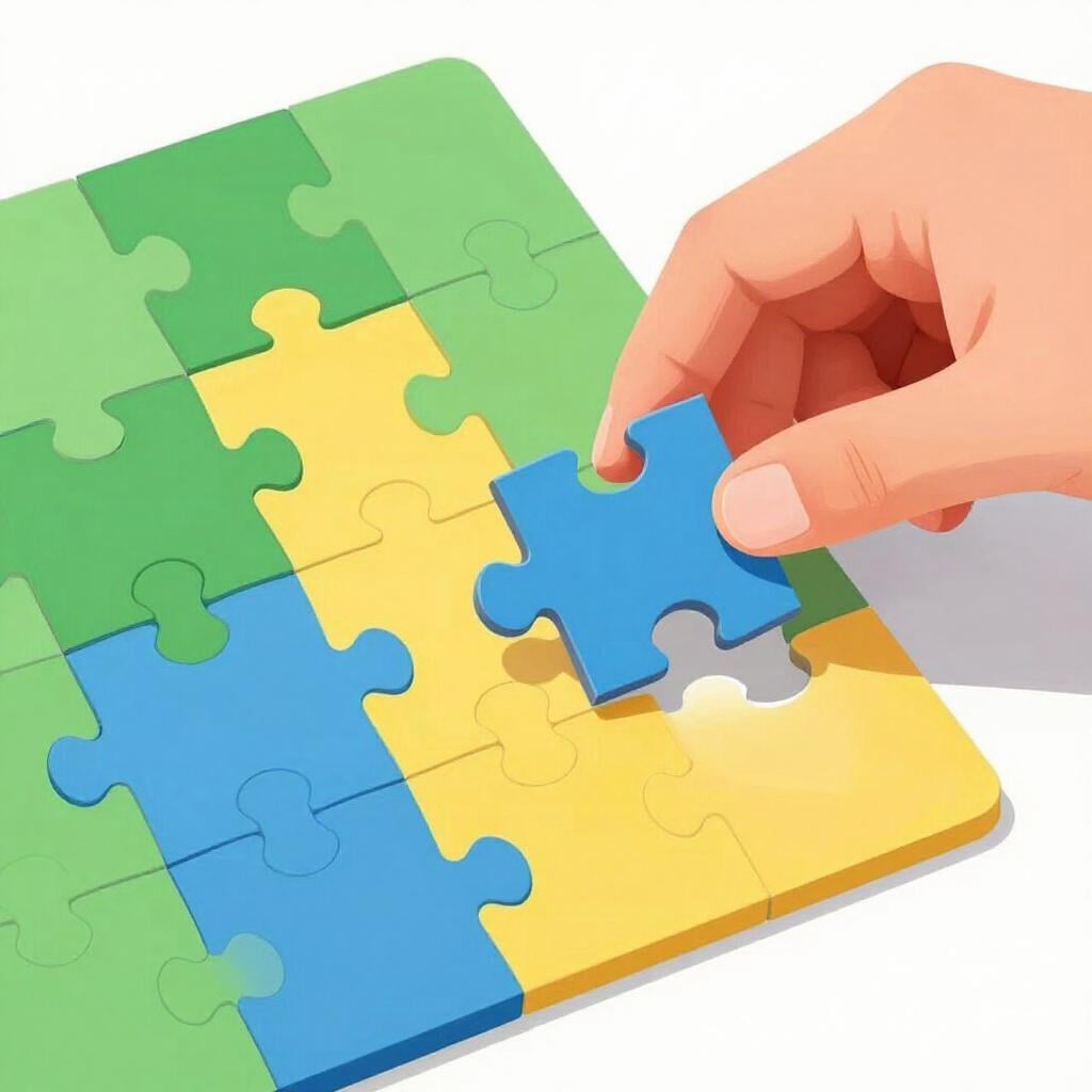 A person placing the final piece into a completed jigsaw puzzle.