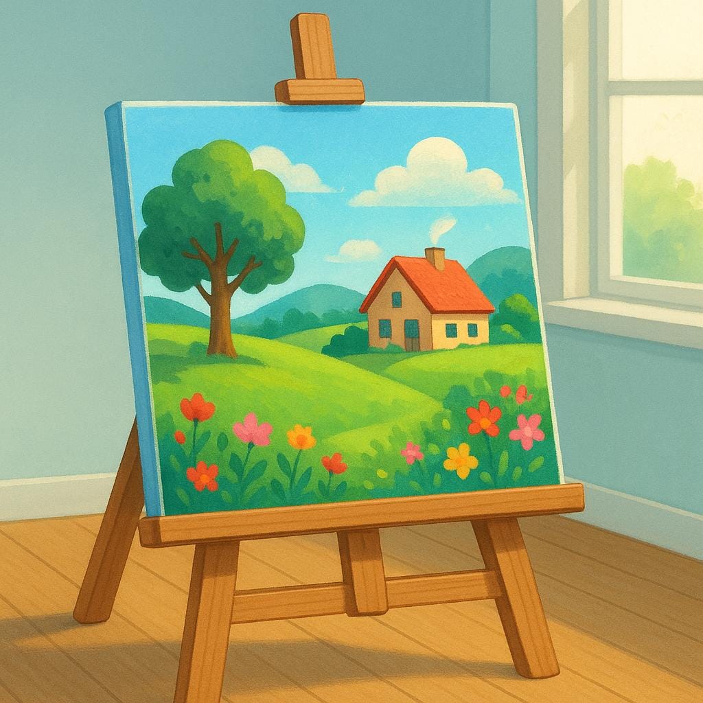 A finished painting resting on a wooden easel in a brightly lit studio, representing an artistic creation.