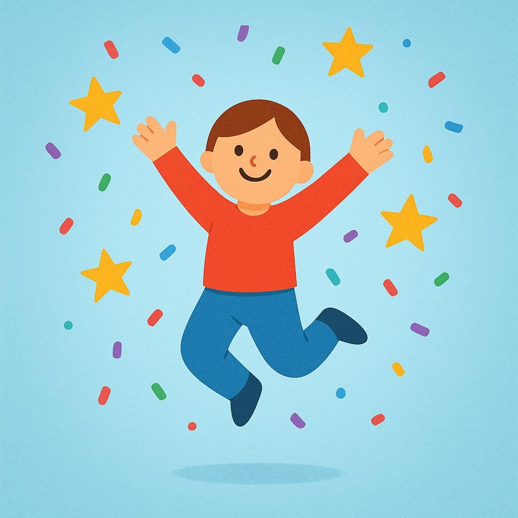 A simple, cheerful cartoon figure jumping excitedly high into the air with arms outstretched, surrounded by sparkling golden stars, illustrating overwhelming praise and joy.