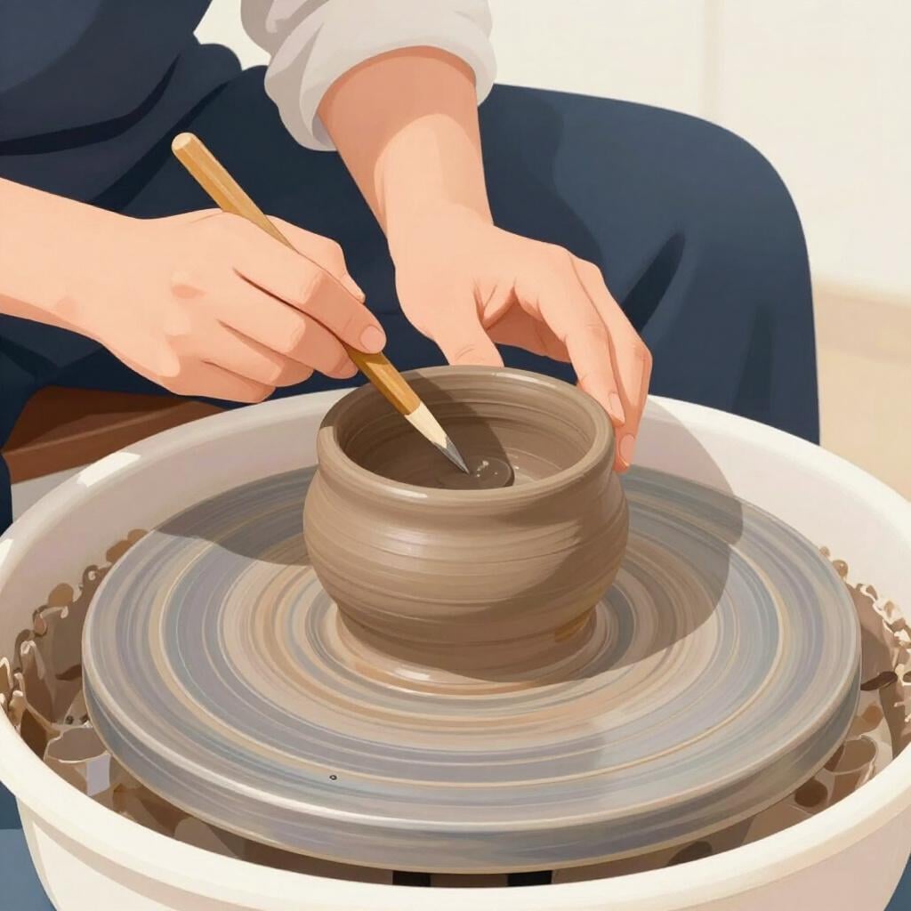 Ein Bildhauer, der mit einem kleinen Werkzeug vorsichtig die Kanten einer Tonvase glättet.