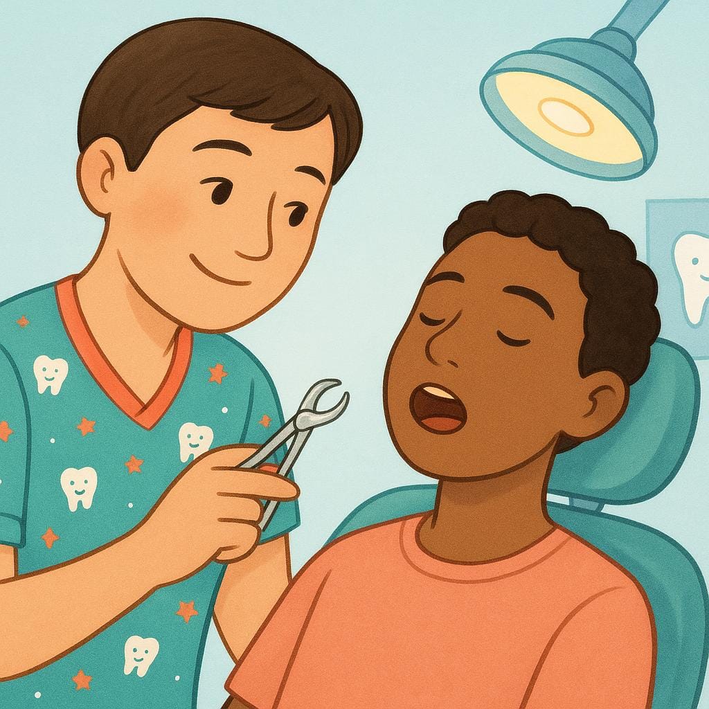 Un dentista sorridente che indossa un'uniforme colorata, tenendo una piccola pinza d'argento per l'estrazione vicino alla bocca aperta di un paziente calmo, illustrando l'azione di estrarre un dente.