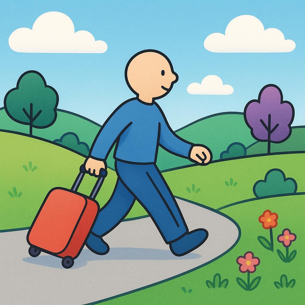 A brightly colored storybook illustration showing a simplified human figure walking briskly down a winding road while pulling a small red rolling suitcase, symbolizing travel.