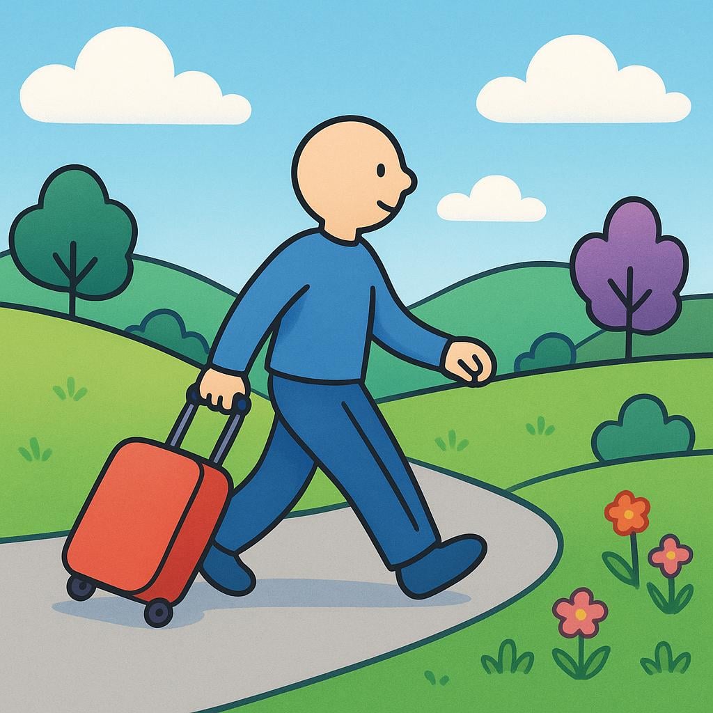 A brightly colored storybook illustration showing a simplified human figure walking briskly down a winding road while pulling a small red rolling suitcase, symbolizing travel.