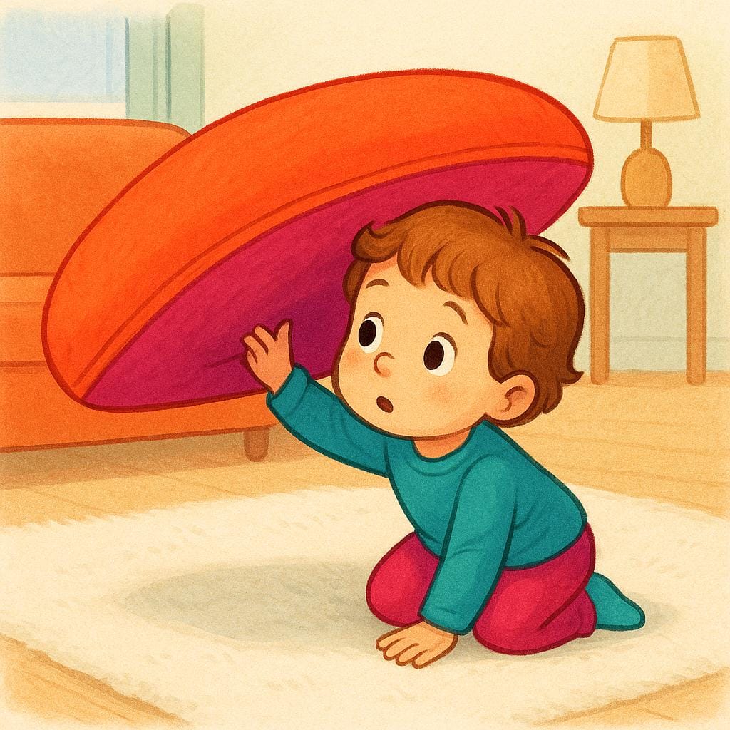 A small child on the floor, lifting a large, brightly colored sofa cushion and peering underneath it, actively searching for a lost toy.