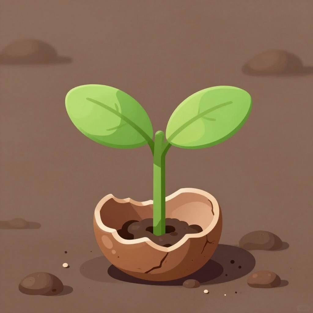 A high quality storybook illustration of a tiny, vibrant green sapling growing out of a cracked, empty brown seed shell, symbolizing a change from a past state.