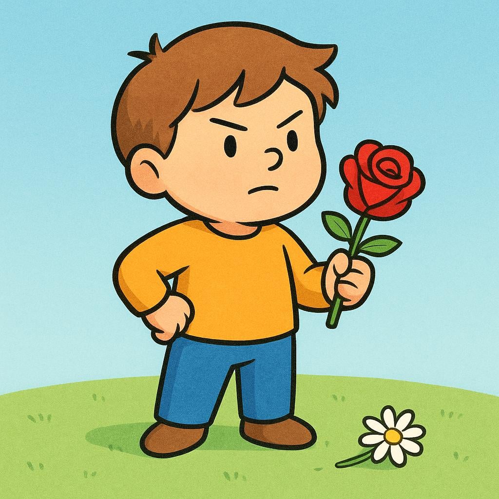 A friendly cartoon character holding a bright red rose firmly in one hand, while a single white daisy lies untouched on the ground nearby, clearly demonstrating a choice.