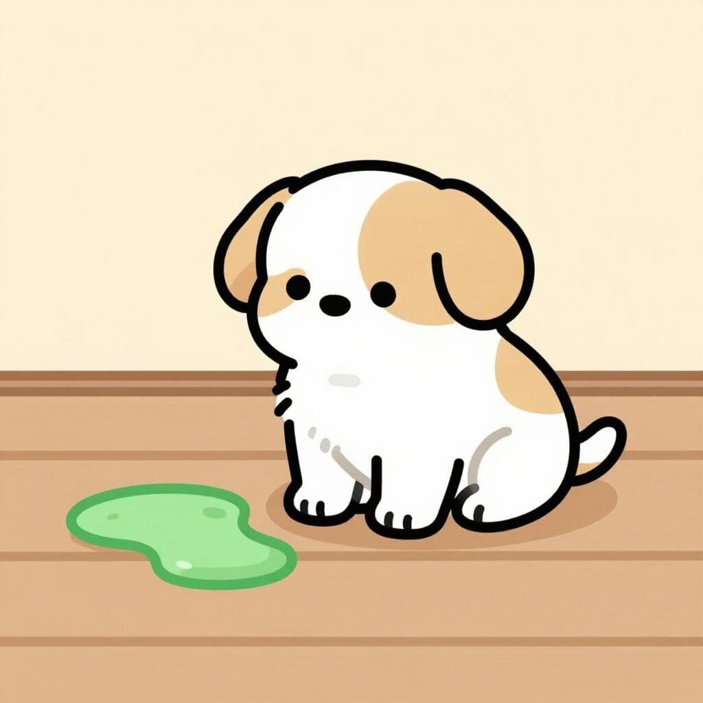 A sad cartoon dog sitting on a wooden floor next to a small green puddle.