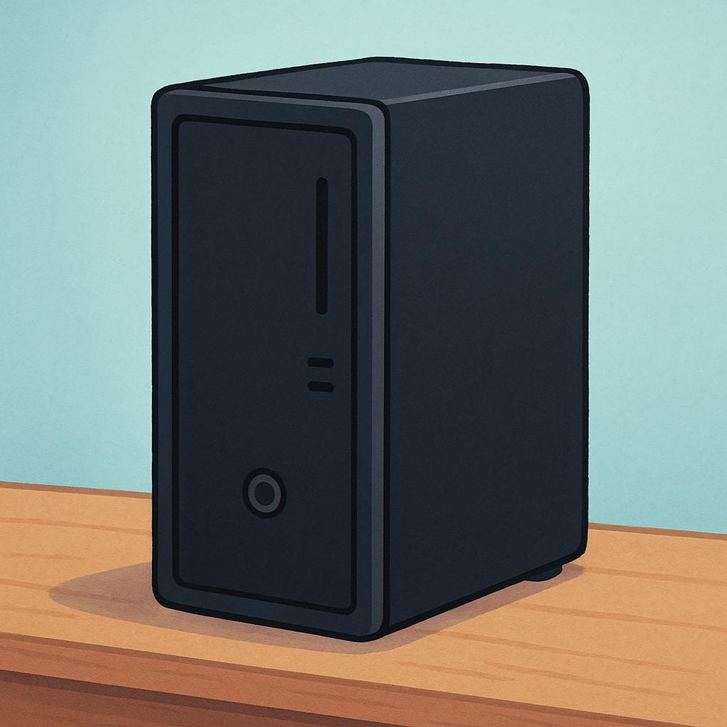 Un boîtier d'ordinateur de bureau noir simple, orienté verticalement, avec des évents et un bouton d'alimentation visibles.