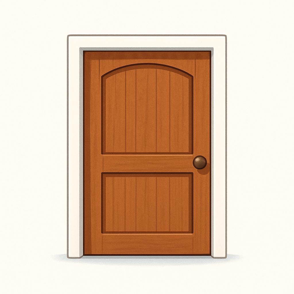 A simple, solid brown wooden door completely shut within a white frame, illustrating that it is physically closed.
