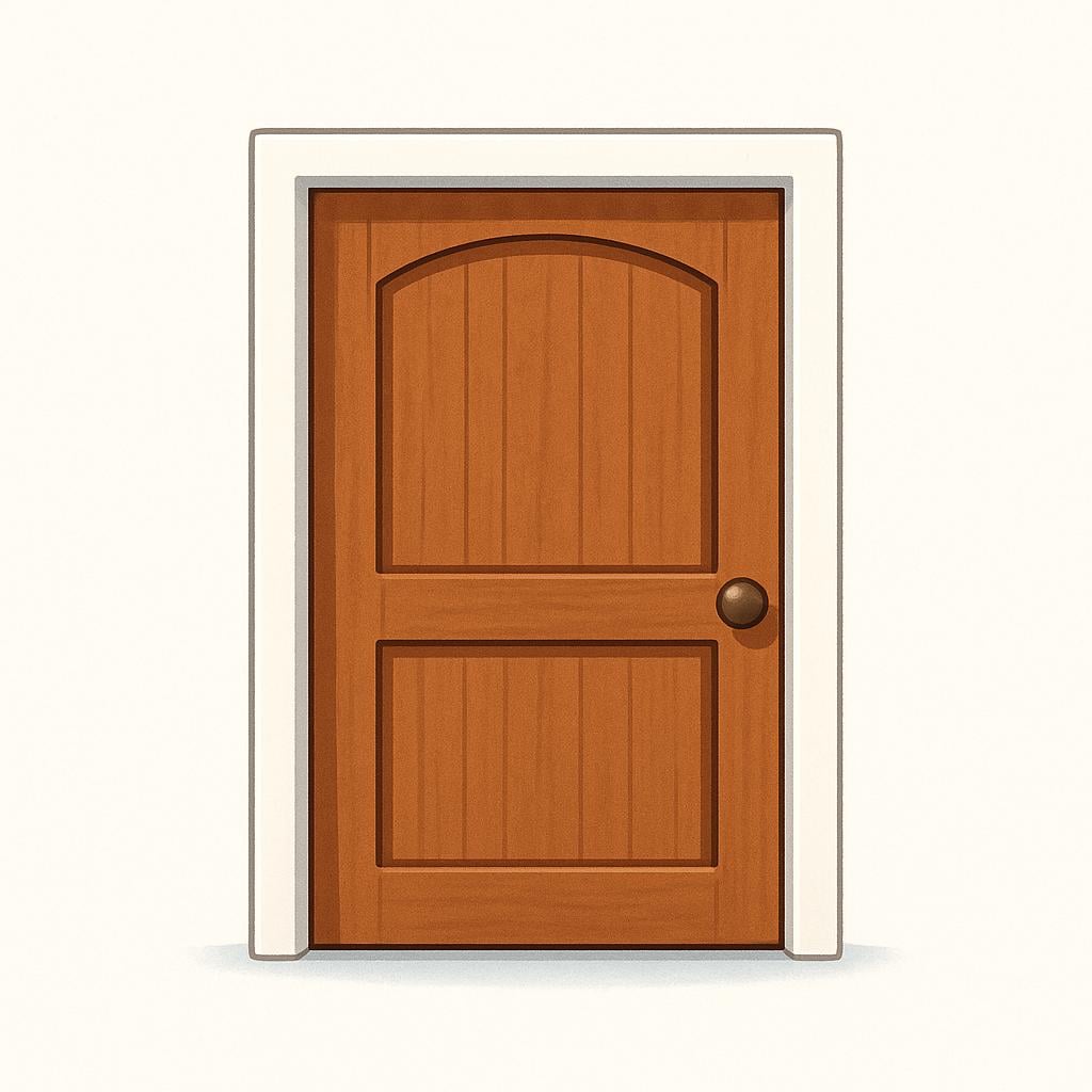 A simple, solid brown wooden door completely shut within a white frame, illustrating that it is physically closed.