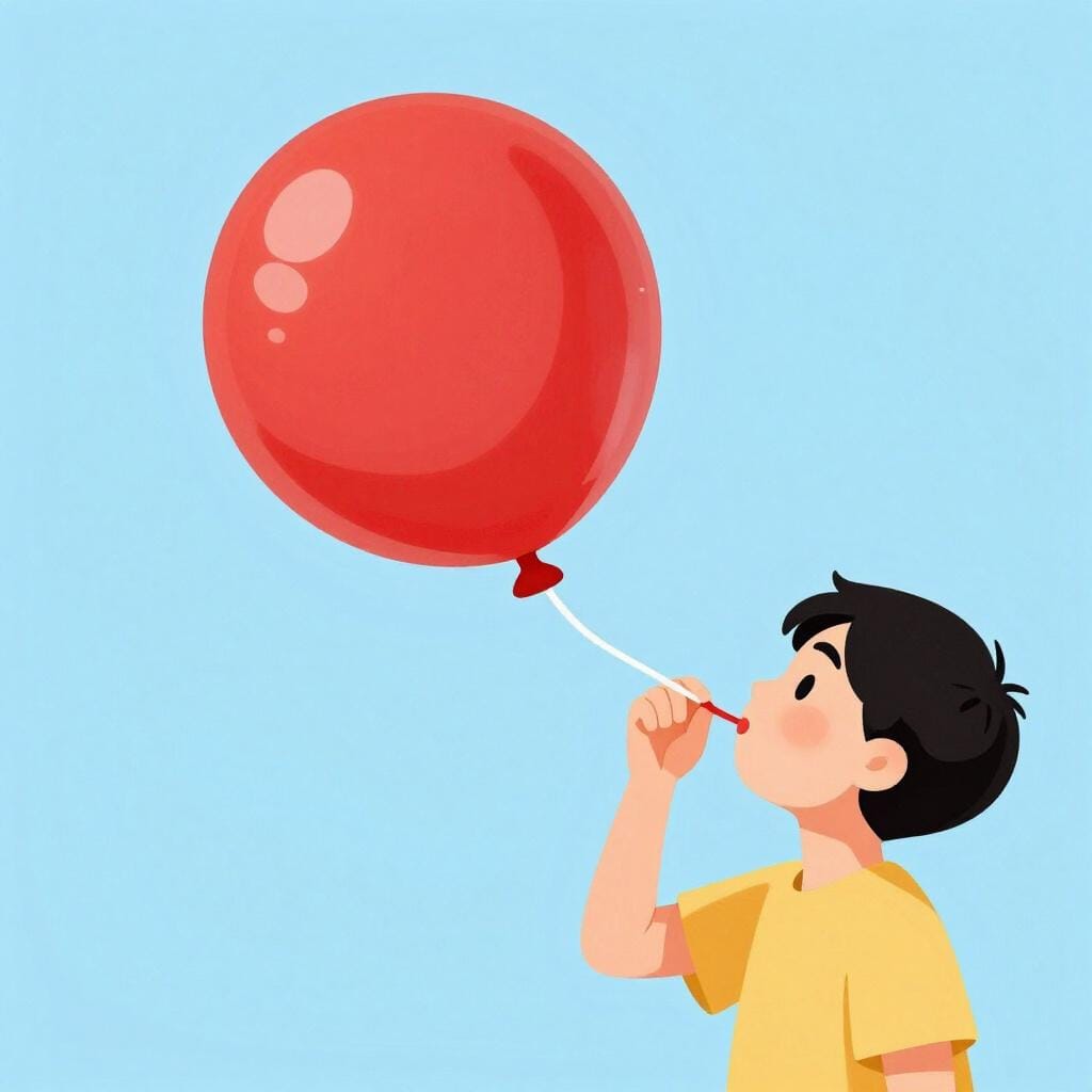 A person blowing air into a bright red balloon.