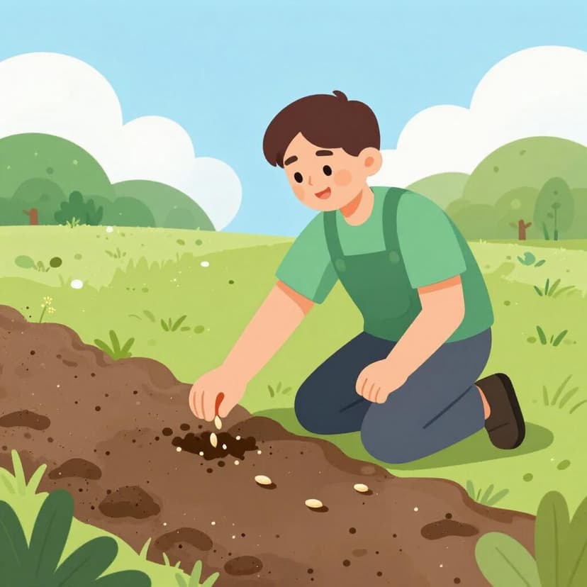 Una persona inginocchiata in un giardino, che posa con cura i semi nella terra.