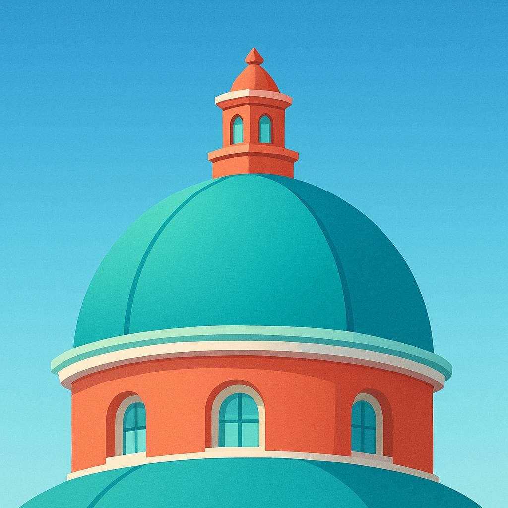 A simplified illustration of a large architectural dome structure topped by a small, tiered, windowed structure known as a lantern, set against a clear blue sky.