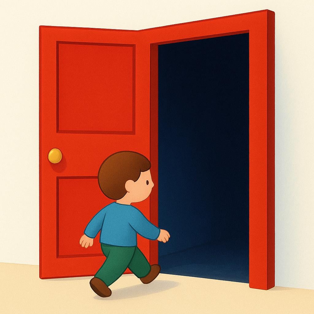A simple figure entering a brightly colored room through a large red doorway.