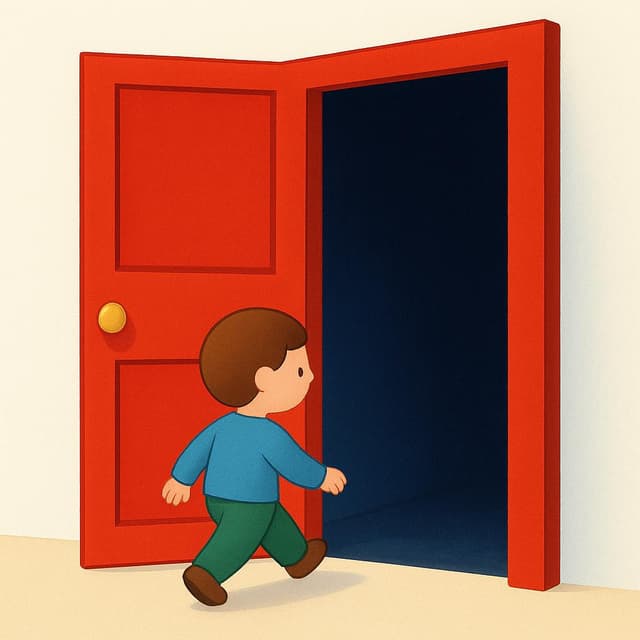 Een simpel figuurtje dat een felgekleurde kamer binnengaat via een grote rode deuropening.