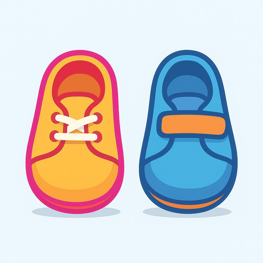 A side-by-side illustration of a pair of simple, colorful shoes, with the shoe on the viewer's left (the left shoe) clearly highlighted with a bright color outline.