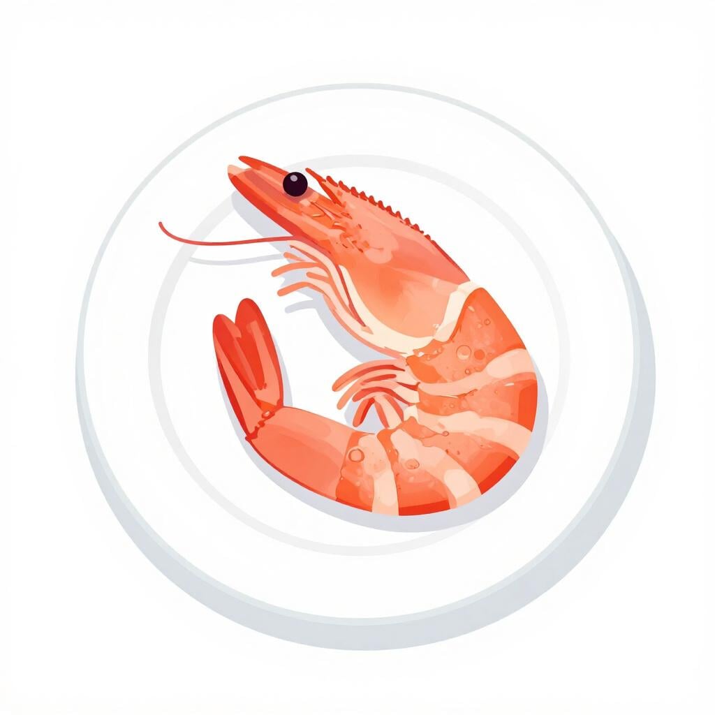 A single, bright pink cooked shrimp curled gracefully on a plain white plate.