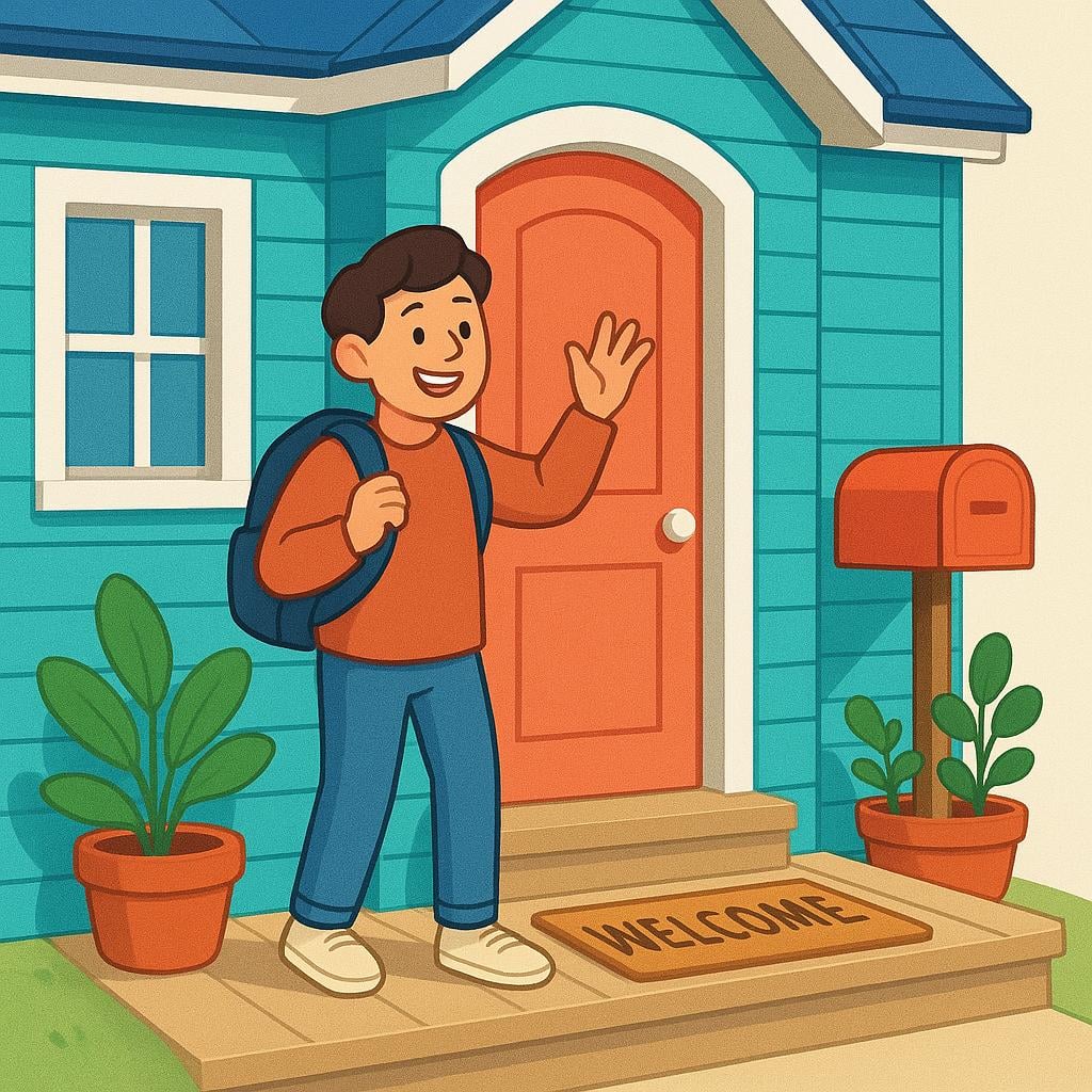A cheerful person wearing a small backpack stands smiling on the porch of a brightly colored, welcoming house, indicating they have just arrived home.