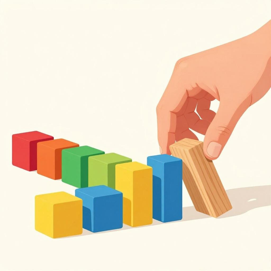 A hand placing a small wooden block at the end of a short line of blocks to stop any more from being added.