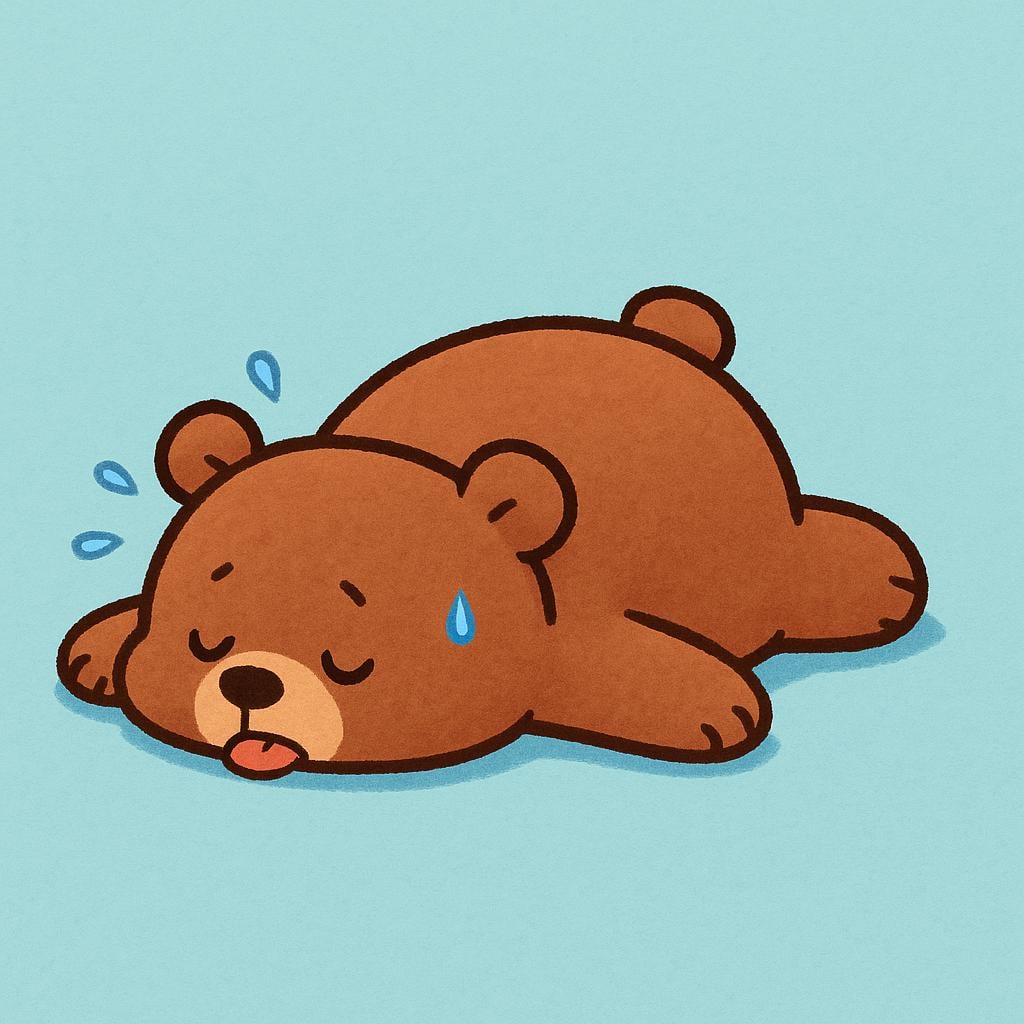 A small, extremely exhausted cartoon bear lying completely flat, face down on the ground, with tiny sweat marks around it.